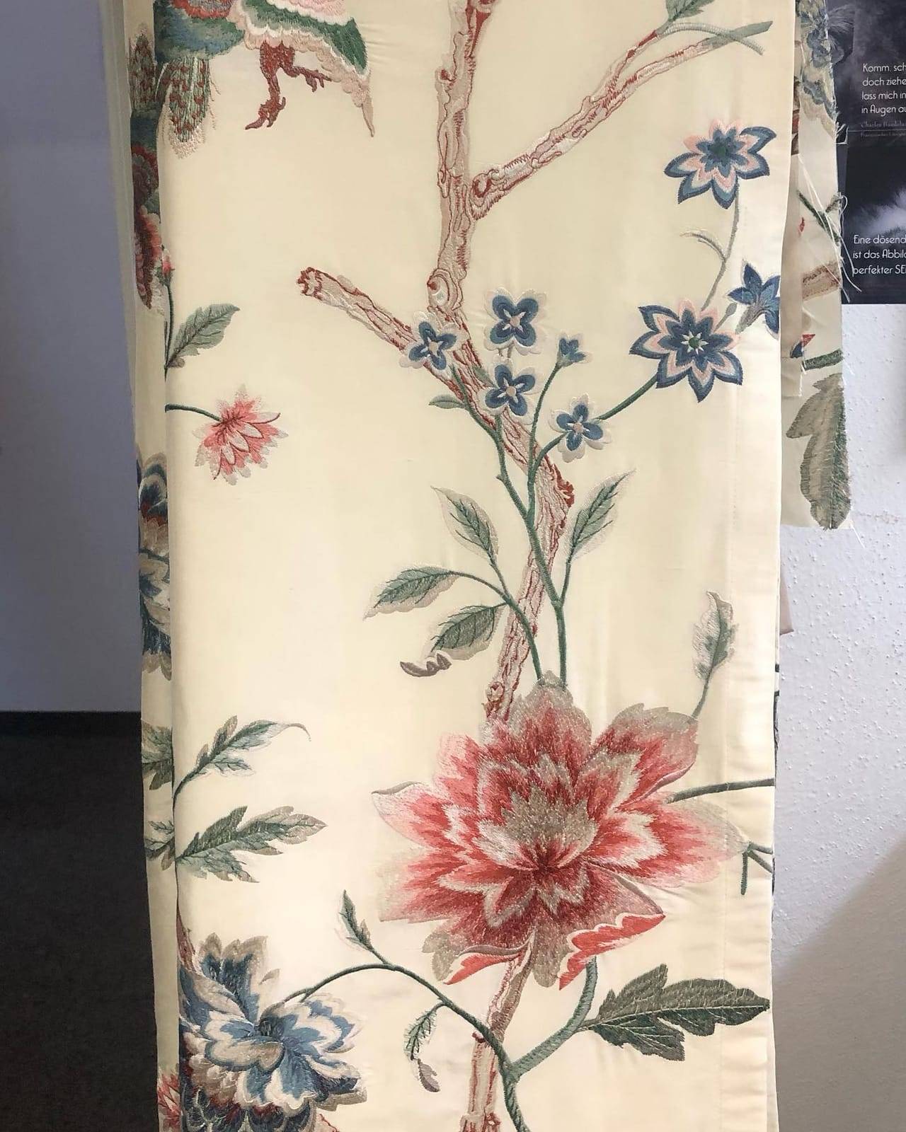 Embroidered silk drape, two widths sewn pattern-matched and lined